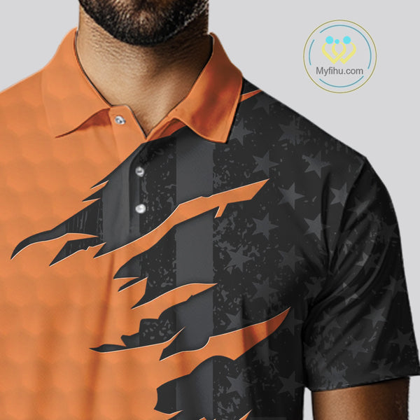 Personalized Mens golf polo shirts custom orange golf ball skin black American flag mens golf apparel NQS10070