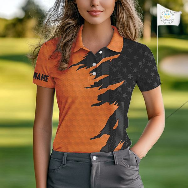 Personalized Women golf polo shirt custom orange golf ball black American flag ladies golf apparel NQS10070