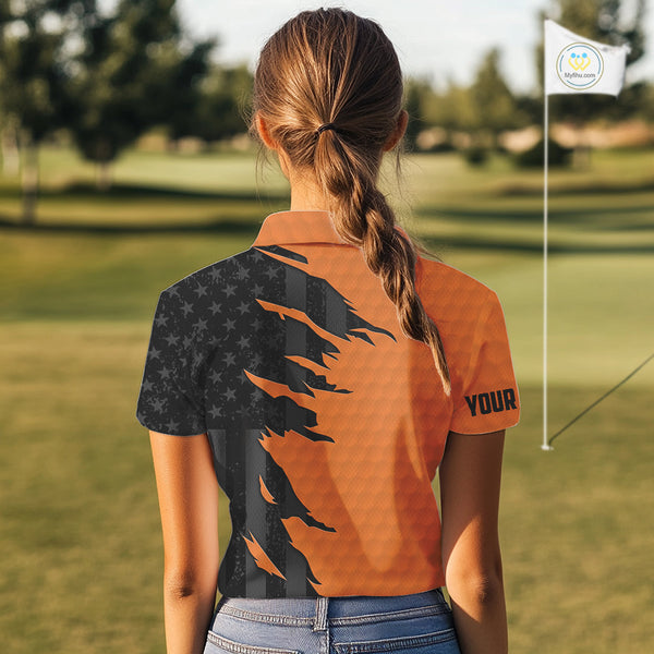 Personalized Women golf polo shirt custom orange golf ball black American flag ladies golf apparel NQS10070