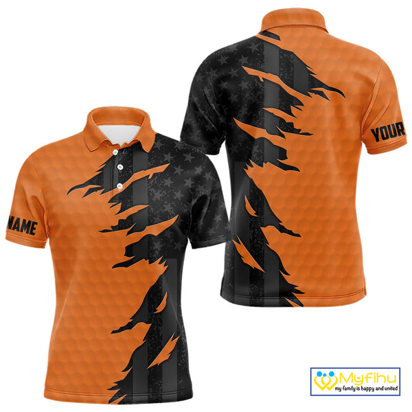 Personalized Mens golf polo shirts custom orange golf ball skin black American flag mens golf apparel NQS10070