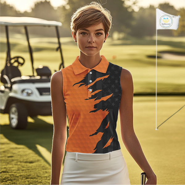 Womens sleeveless golf polos shirts orange golf ball skin black American flag ladies golf apparel NQS10070
