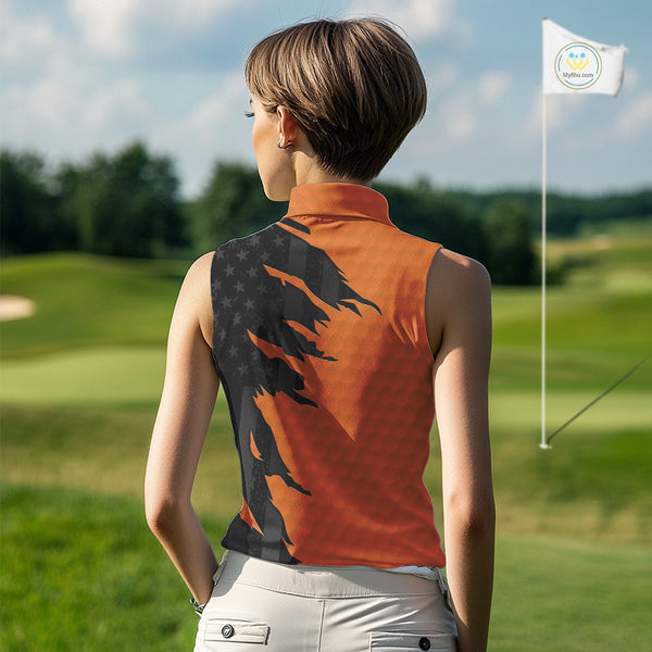 Womens sleeveless golf polos shirts orange golf ball skin black American flag ladies golf apparel NQS10070