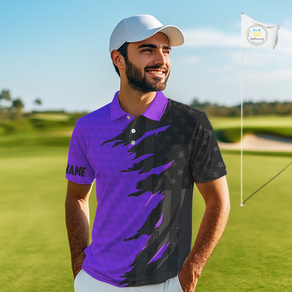 Personalized Mens golf polo shirts custom purple golf ball skin black American flag mens golf apparel NQS10071