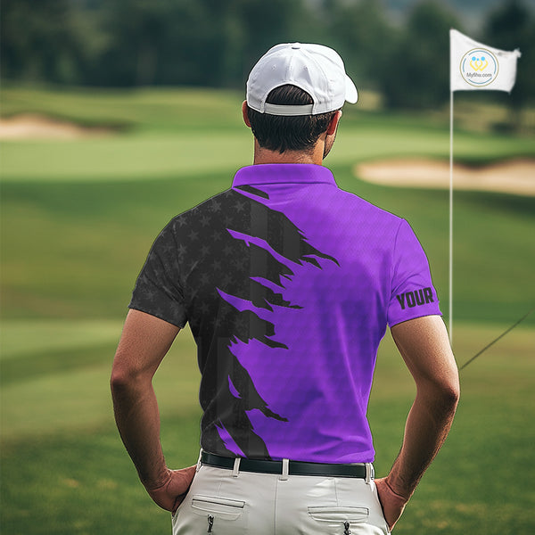 Personalized Mens golf polo shirts custom purple golf ball skin black American flag mens golf apparel NQS10071