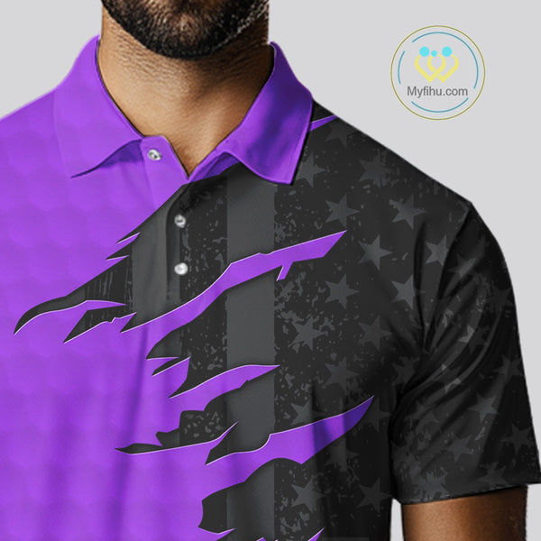 Personalized Mens golf polo shirts custom purple golf ball skin black American flag mens golf apparel NQS10071