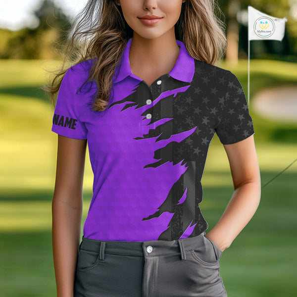 Personalized Women golf polo shirt custom purple golf ball black American flag ladies golf apparel NQS10071