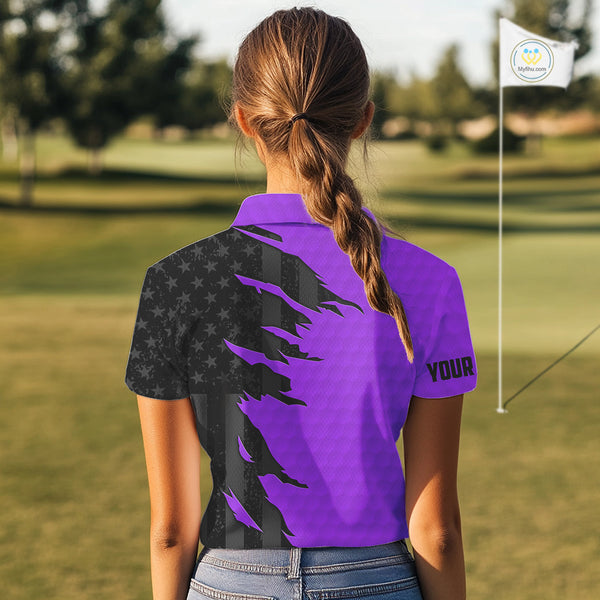 Personalized Women golf polo shirt custom purple golf ball black American flag ladies golf apparel NQS10071