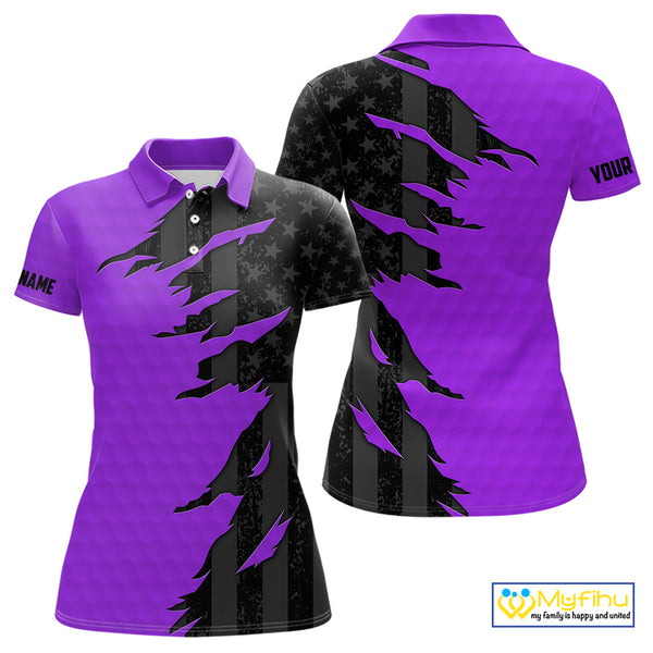 Personalized Women golf polo shirt custom purple golf ball black American flag ladies golf apparel NQS10071