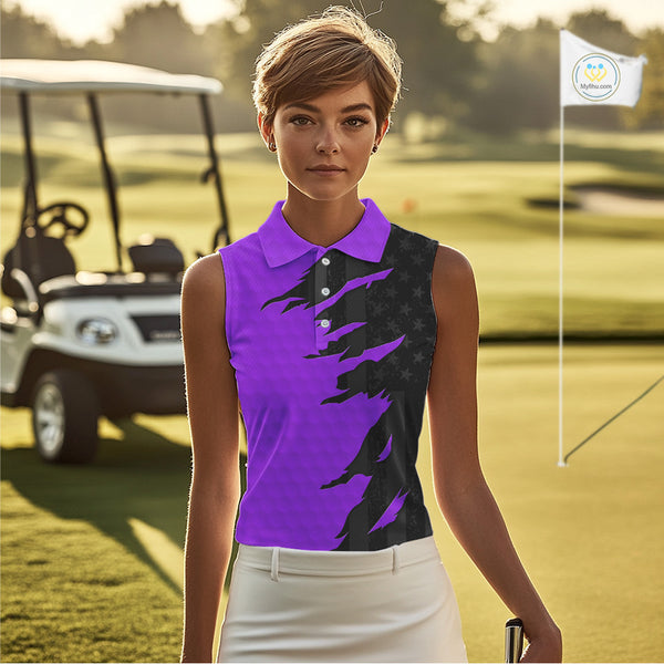 Womens sleeveless golf polos shirts purple golf ball skin black American flag ladies golf apparel NQS10071