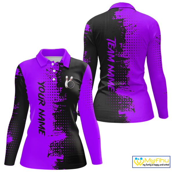 Black and Purple Bowling Polo, Quarter Zip shirts for Women Custom Bowling Team Jerseys NQS10221