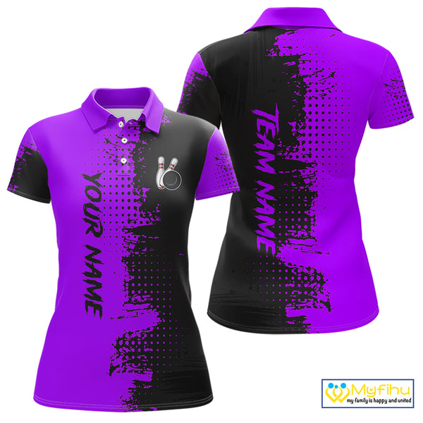 Black and Purple Bowling Polo, Quarter Zip shirts for Women Custom Bowling Team Jerseys NQS10221