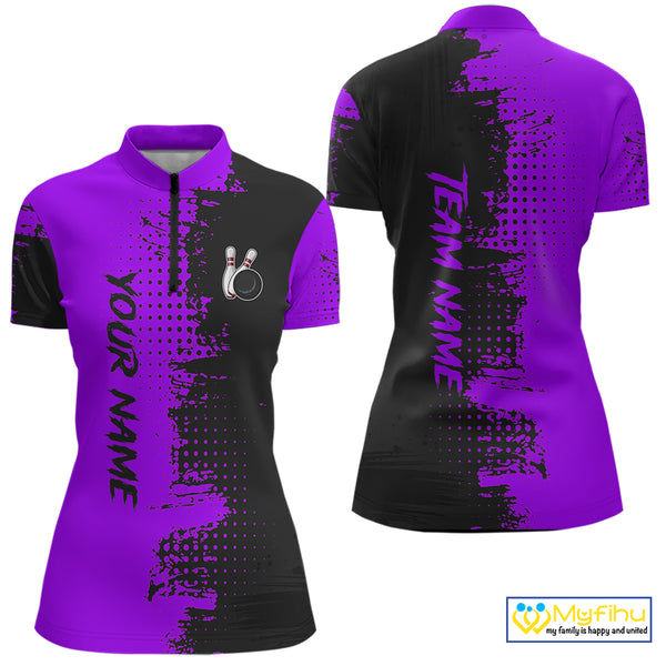 Black and Purple Bowling Polo, Quarter Zip shirts for Women Custom Bowling Team Jerseys NQS10221