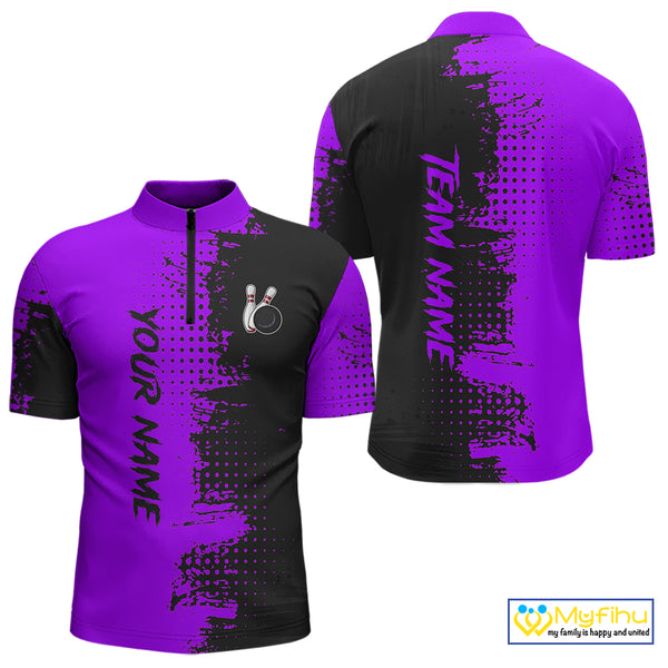 Black and Purple Bowling Polo, Quarter Zip shirts for Men Custom Bowling Team Jerseys NQS10221
