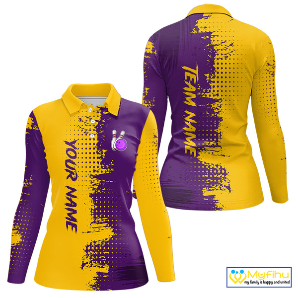 Yellow and Purple Bowling Polo, Quarter Zip shirts for Women Custom Bowling Team Jerseys NQS10222