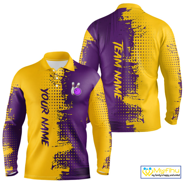 Yellow and Purple Bowling Polo, Quarter Zip shirts for Men Custom Bowling Team Jerseys NQS10222