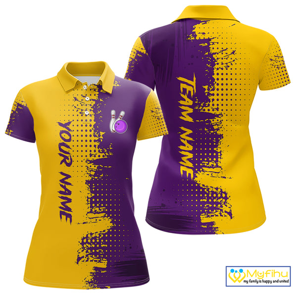 Yellow and Purple Bowling Polo, Quarter Zip shirts for Women Custom Bowling Team Jerseys NQS10222