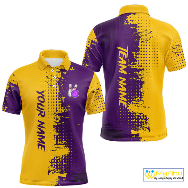 Yellow and Purple Bowling Polo, Quarter Zip shirts for Men Custom Bowling Team Jerseys NQS10222