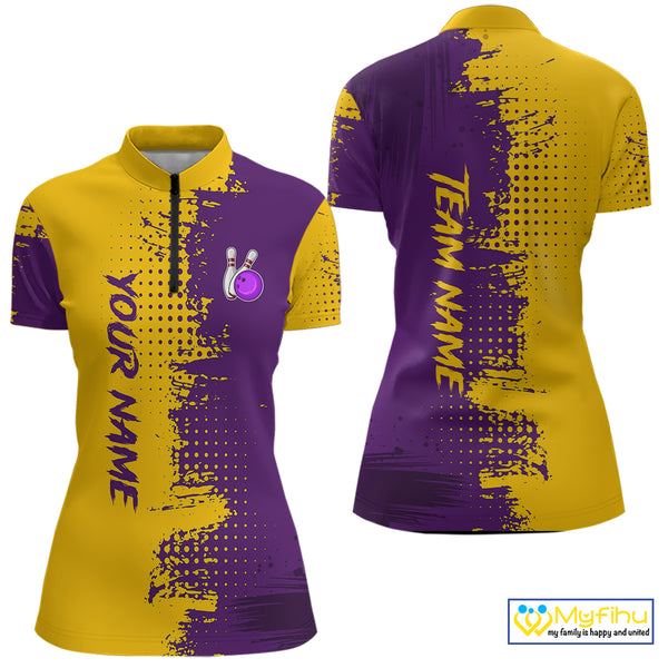 Yellow and Purple Bowling Polo, Quarter Zip shirts for Women Custom Bowling Team Jerseys NQS10222