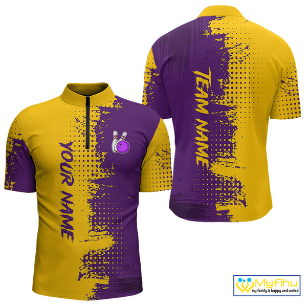 Yellow and Purple Bowling Polo, Quarter Zip shirts for Men Custom Bowling Team Jerseys NQS10222