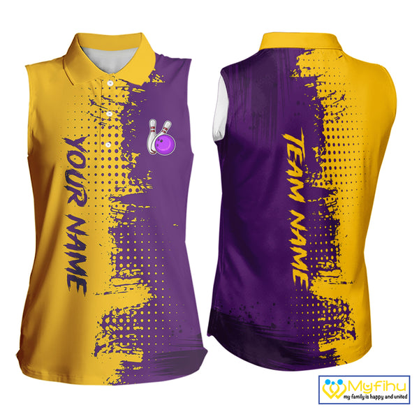 Yellow and Purple Bowling sleeveless polo shirt for Women Custom Bowling Team Jerseys NQS10222