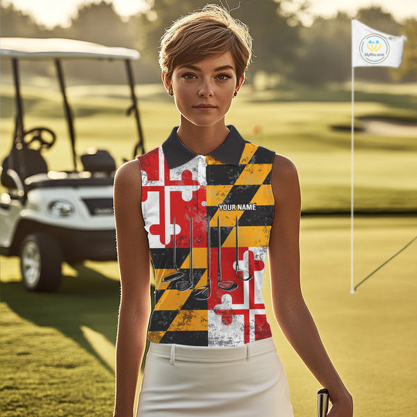 Maryland Flag Golf Clubs sleeveless polo shirt Custom patriotic golf top, personalized golf gifts NQS10382