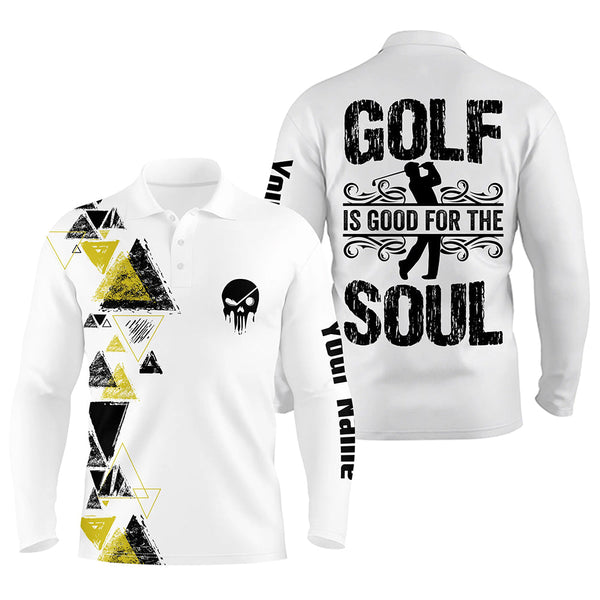Personalized black yellow triangle custom white mens golf polo shirts golf is good for the soul NQS6305