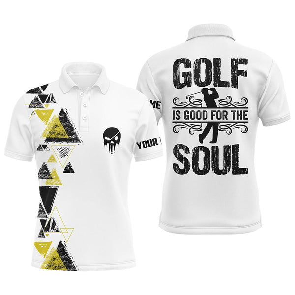 Personalized black yellow triangle custom white mens golf polo shirts golf is good for the soul NQS6305