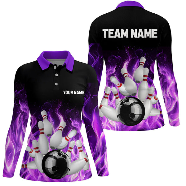 Purple Flame Fire Bowling Polo, Quarter Zip Shirts For Women Custom name Team Bowling Jerseys Bowler NQS8628