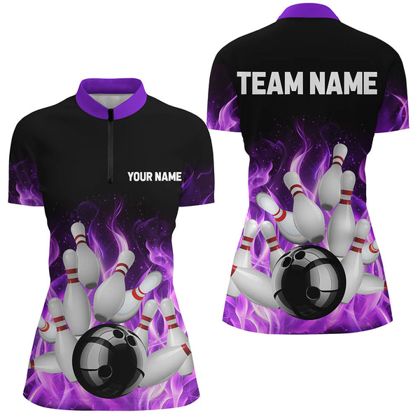 Purple Flame Fire Bowling Polo, Quarter Zip Shirts For Women Custom name Team Bowling Jerseys Bowler NQS8628