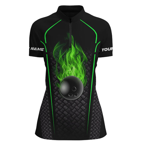 Bowling Shirt For women personalized Quarter Zip Bowling Jersey 3D Bowling Team Shirt For women| Green NQS6770