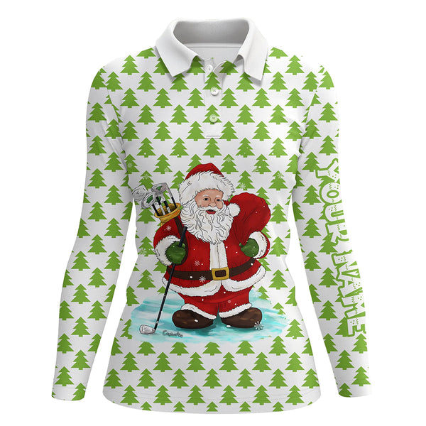 Womens golf polo shirts custom Santa golf Christmas pine tree forest pattern, Christmas golf gift NQS6774