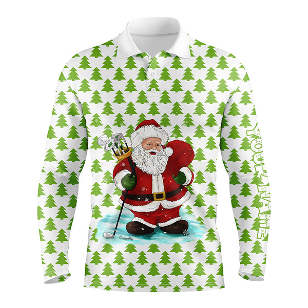 Mens golf polo shirts custom Santa golf Christmas pine tree forest pattern, Christmas golf gift NQS6774