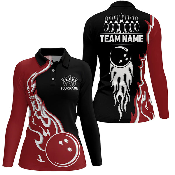 Black and Red Flame Bowling Polo, Quarter Zip Shirt for Women Custom Team Bowling Jersey Bowler Outfit NQS8865