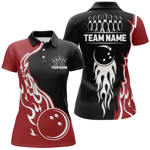 Black and Red Flame Bowling Polo, Quarter Zip Shirt for Women Custom Team Bowling Jersey Bowler Outfit NQS8865