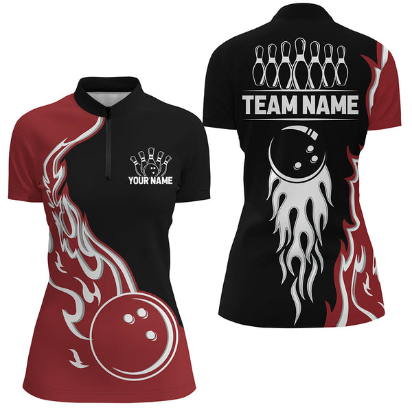 Black and Red Flame Bowling Polo, Quarter Zip Shirt for Women Custom Team Bowling Jersey Bowler Outfit NQS8865