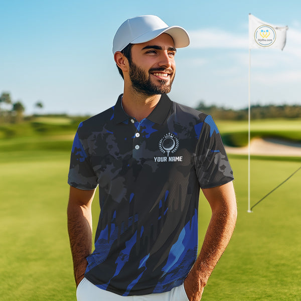 Black and Blue Camo pattern Mens Golf Polo Shirts custom mens golf tops, cool golf gifts NQS9826