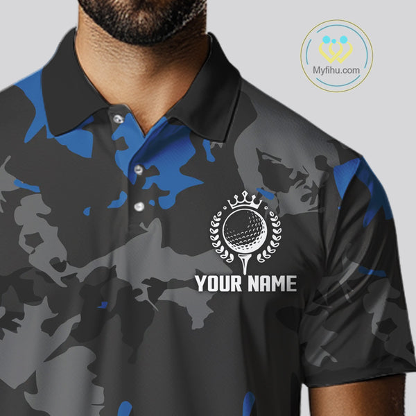 Black and Blue Camo pattern Mens Golf Polo Shirts custom mens golf tops, cool golf gifts NQS9826