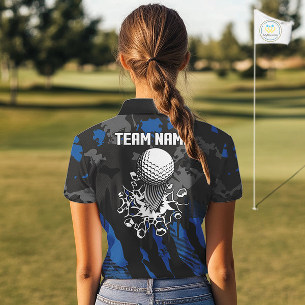 Black and Blue Camo pattern Womens Golf Polo Shirts custom ladies golf tops, cool golf gifts NQS9826