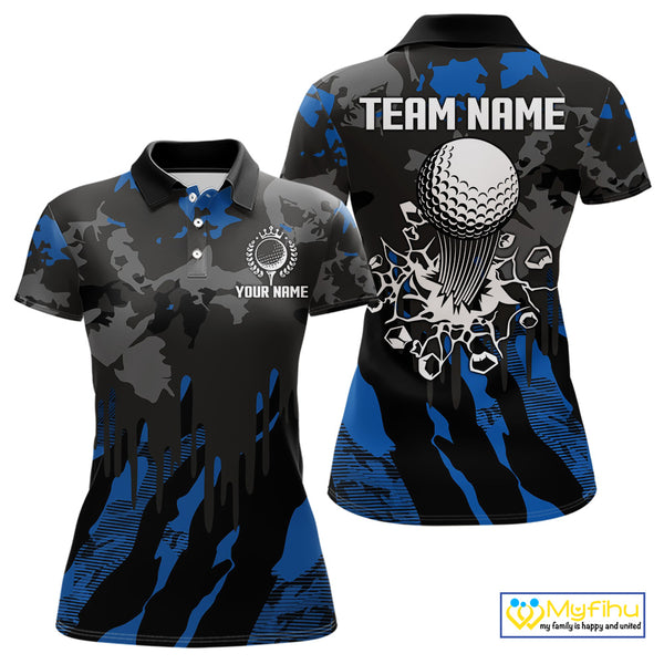 Black and Blue Camo pattern Womens Golf Polo Shirts custom ladies golf tops, cool golf gifts NQS9826
