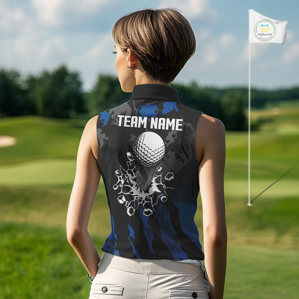 Black and Blue Camo pattern Womens Sleeveless Polo Shirts custom ladies golf tops, cool golf gifts NQS9826
