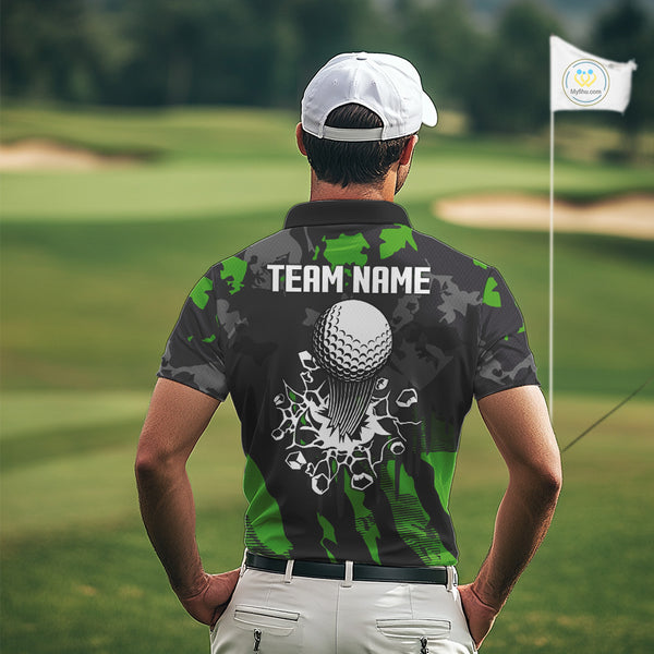 Black and Green Camo pattern Mens Golf Polo Shirts custom mens golf tops, cool golf gifts NQS9827