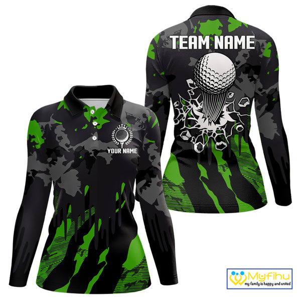Black and Green Camo pattern Womens Golf Polo Shirts custom ladies golf tops, cool golf gifts NQS9827