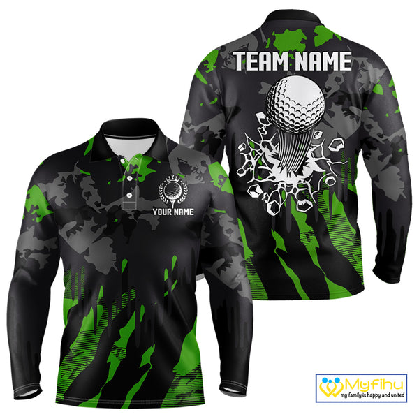 Black and Green Camo pattern Mens Golf Polo Shirts custom mens golf tops, cool golf gifts NQS9827