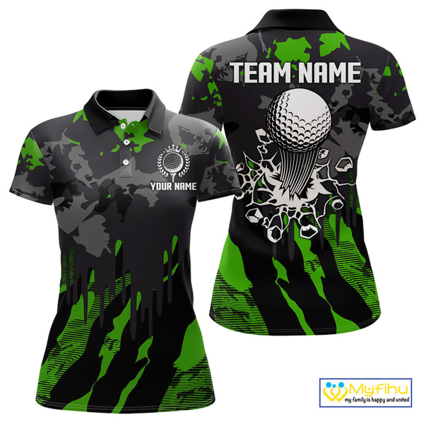 Black and Green Camo pattern Womens Golf Polo Shirts custom ladies golf tops, cool golf gifts NQS9827