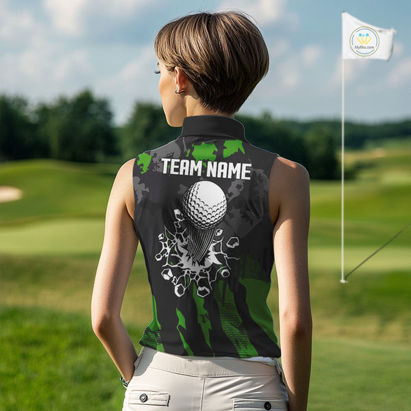 Black and Green Camo pattern Womens Sleeveless Polo Shirts custom ladies golf tops, cool golf gifts NQS9827