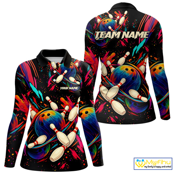 Colorful Watercolor bowling ball and pins Team jerseys Custom Women bowling Polo, Quarter Zip Shirt NQS9833