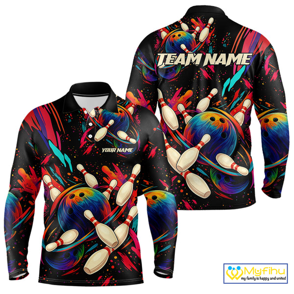 Colorful Watercolor bowling ball and pins Team jerseys Custom Men bowling Polo, Quarter Zip Shirt NQS9833