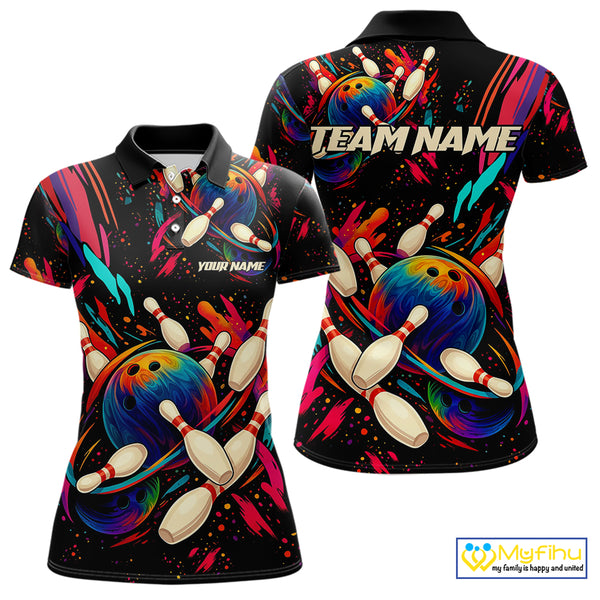 Colorful Watercolor bowling ball and pins Team jerseys Custom Women bowling Polo, Quarter Zip Shirt NQS9833