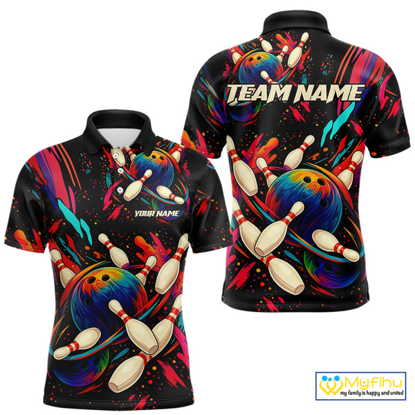 Colorful Watercolor bowling ball and pins Team jerseys Custom Men bowling Polo, Quarter Zip Shirt NQS9833
