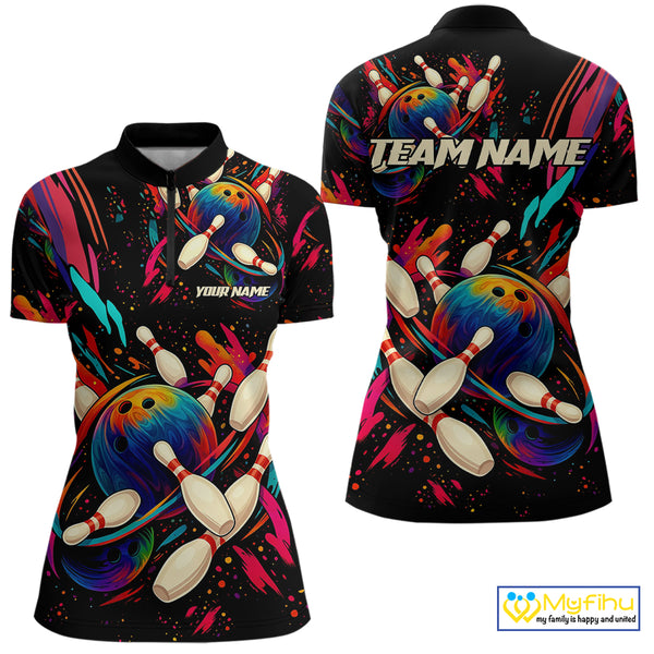 Colorful Watercolor bowling ball and pins Team jerseys Custom Women bowling Polo, Quarter Zip Shirt NQS9833